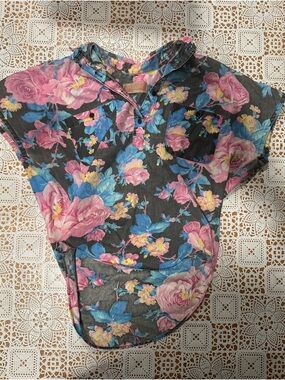 Vintage 90s Floral Button Front Blouse Gray Pink Blue Women’s XL